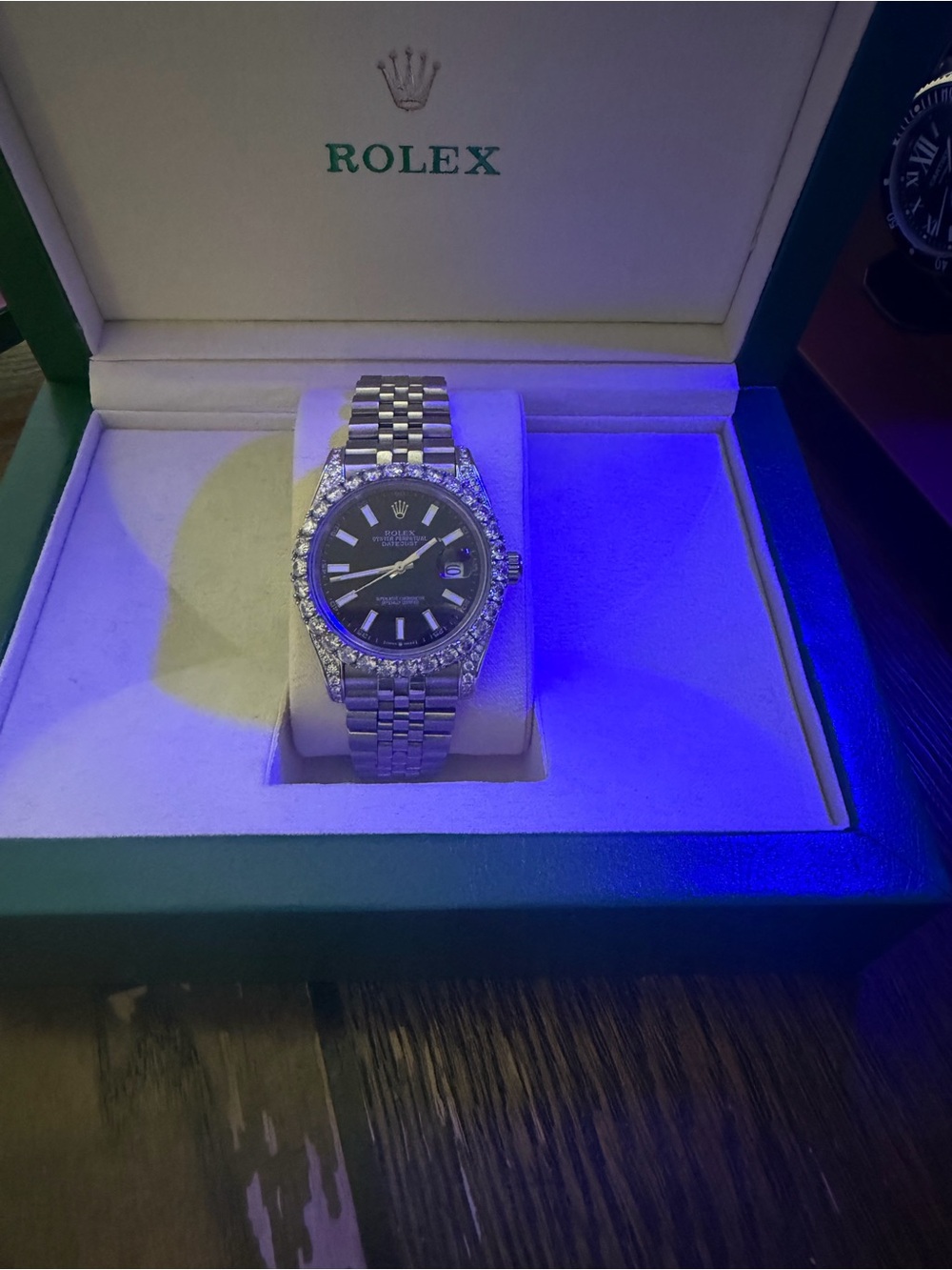 Rolex Men’s Silver Watch with Black Dial and Diamond Bezel